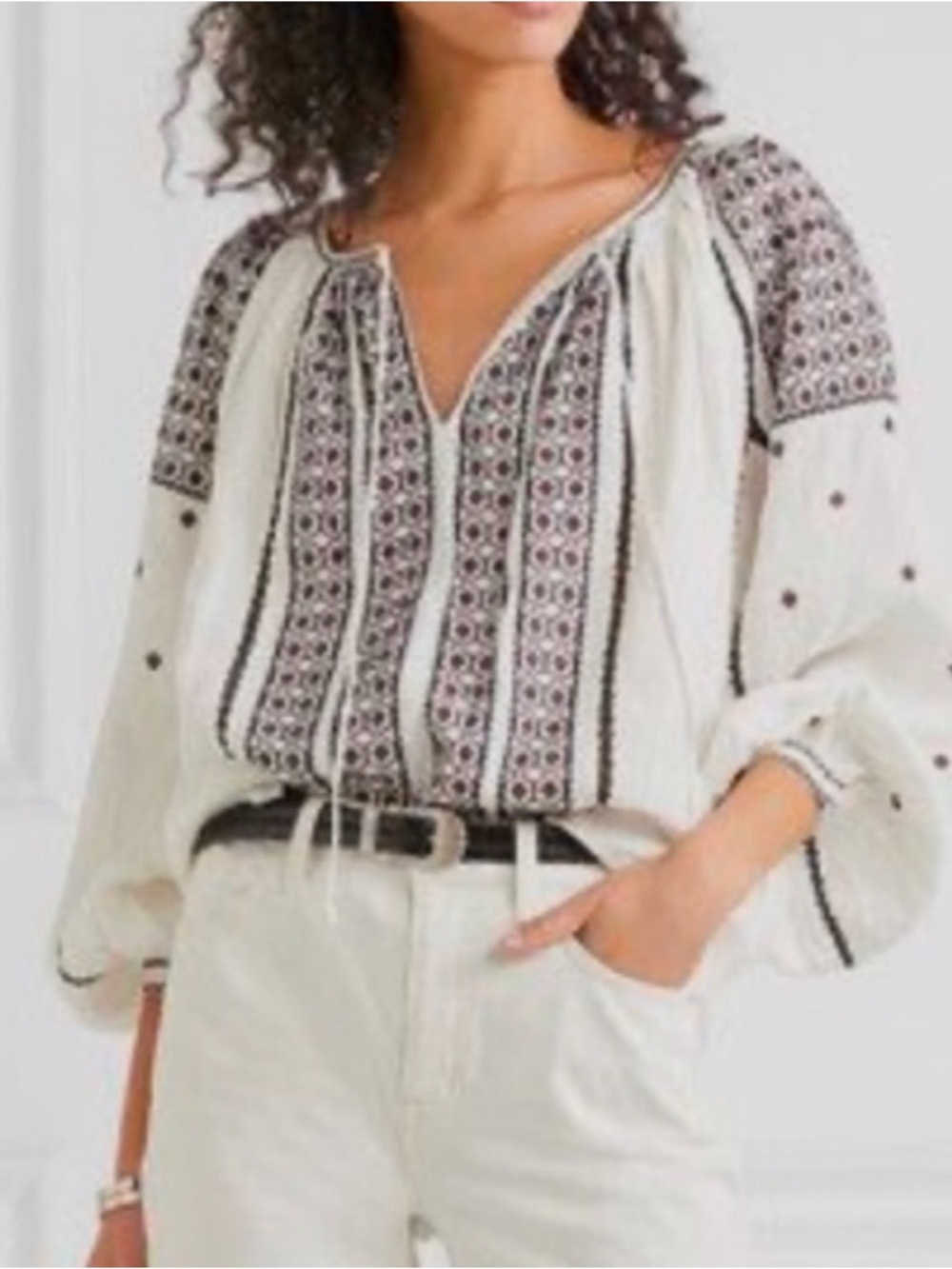 Frame Anita Linen Embroidered Peasant Blouse - White with Black small
